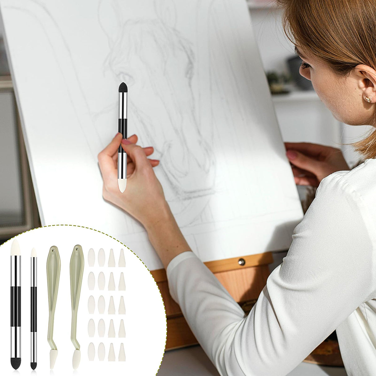 24pcs Artist Blending Stump and Sponge Pen, Double Headed Drawing Art Blender Pencil Sketch Scrapers Tools With Washable Rubbing Head for Lightening and Highlight salbsever