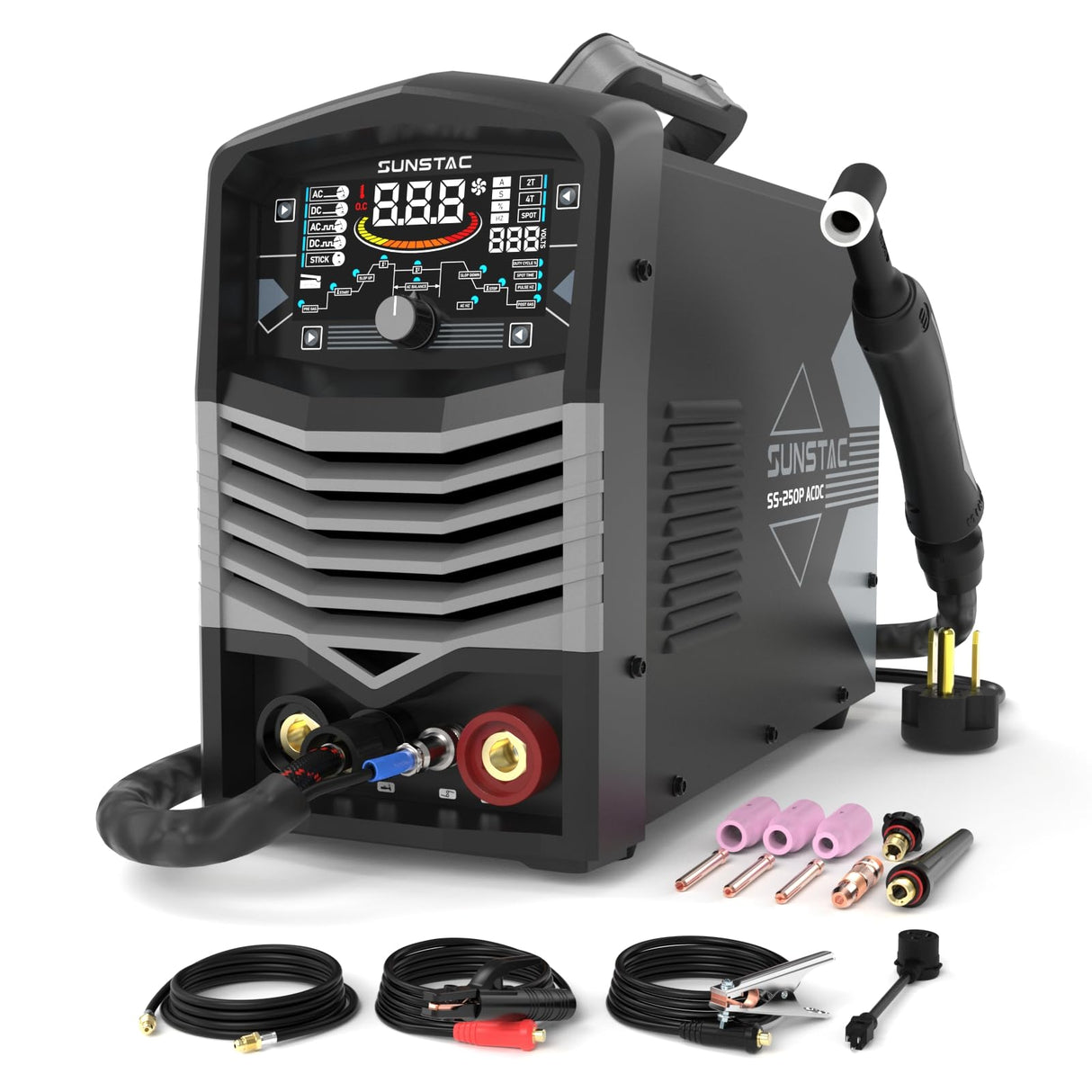 Sunstac 250A AC/DC Aluminum TIG Welder with Pulse, 110V/220V Dual Voltage TIG Welding Machine with DC TIG/AC TIG/Pulse TIG/SPOT TIG/Stick Sunstac