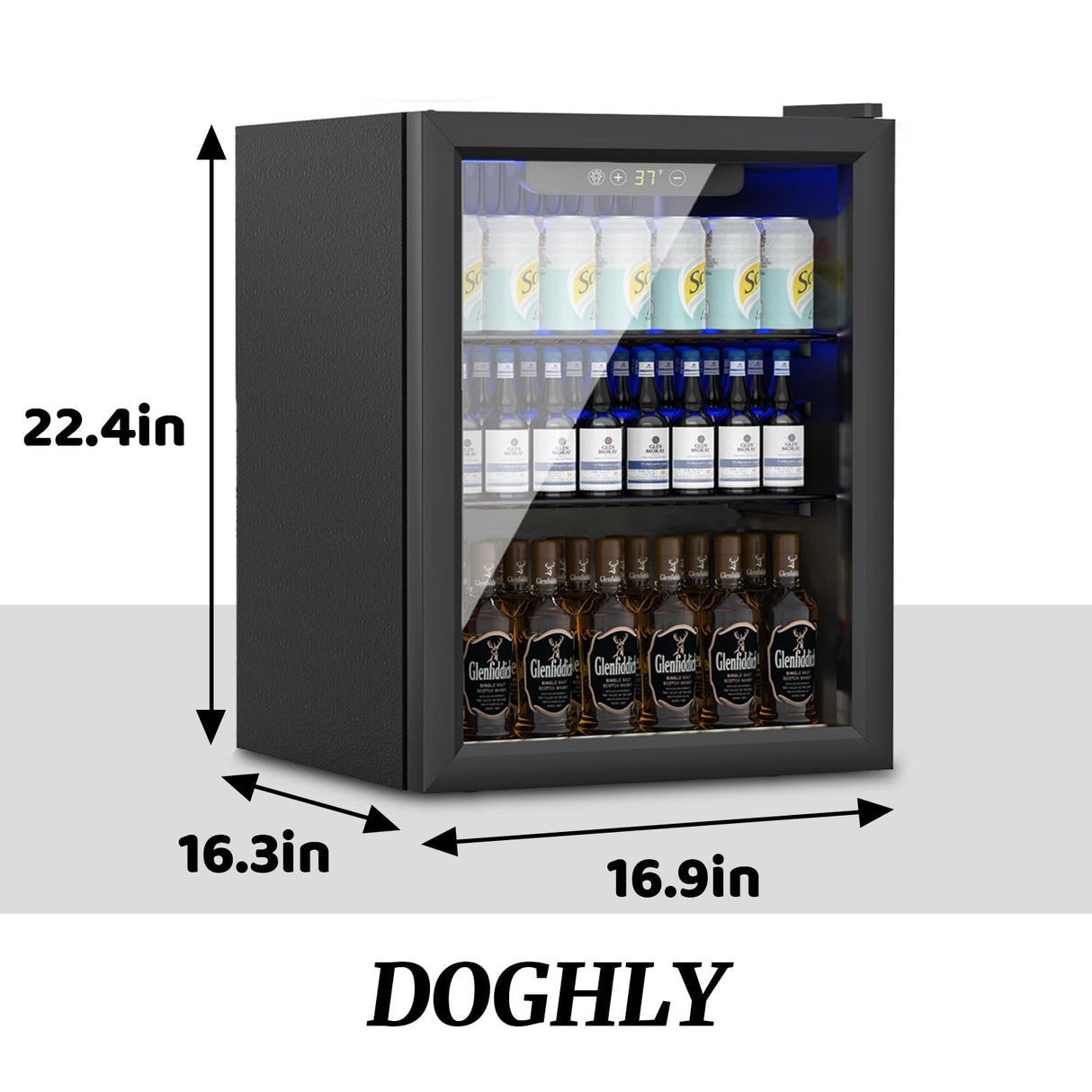 DOGHLY 1.7 Cu.ft Beverage Refrigerator Cooler, 72 Can Mini Fridge with Glass Door, and Temperature controllable switch for Soda, Beer or Wine For Office or Bar with Adjustable Removable Shelves DOGHLY