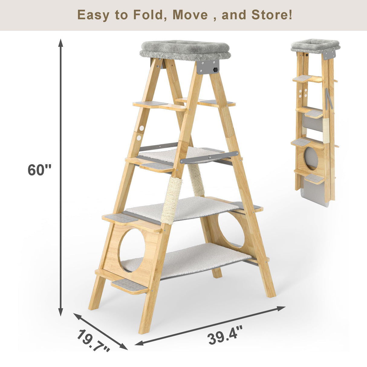 GDLF Modern Wood Cat Tree Foldable Ladder Design with Cat Hammock & Sisal Scratch Post, Solid Wood Tall Cat Tower for Large Cat Easy Clean 60" H GDLF