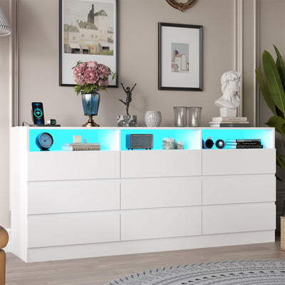 Loomie 9 Drawer Dresser with Power Outlet, Modern Chest of Drawers with LED Light, Long Wide Drawer Dresser Organizer Cabinet with 3 Open Cubbies for Bedroom, Living Room,Entryway (White)