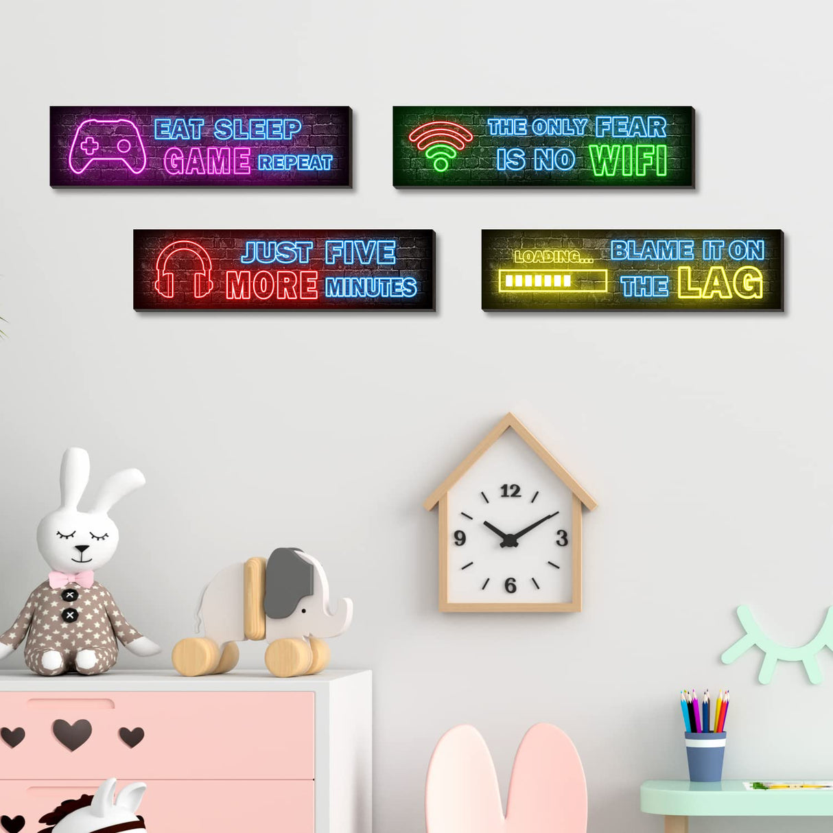 4 Pcs Printed Neon Gaming Posters, Teen Boys Room Decorations, gamer wall art Decor for bedroom Wooden Simimi art