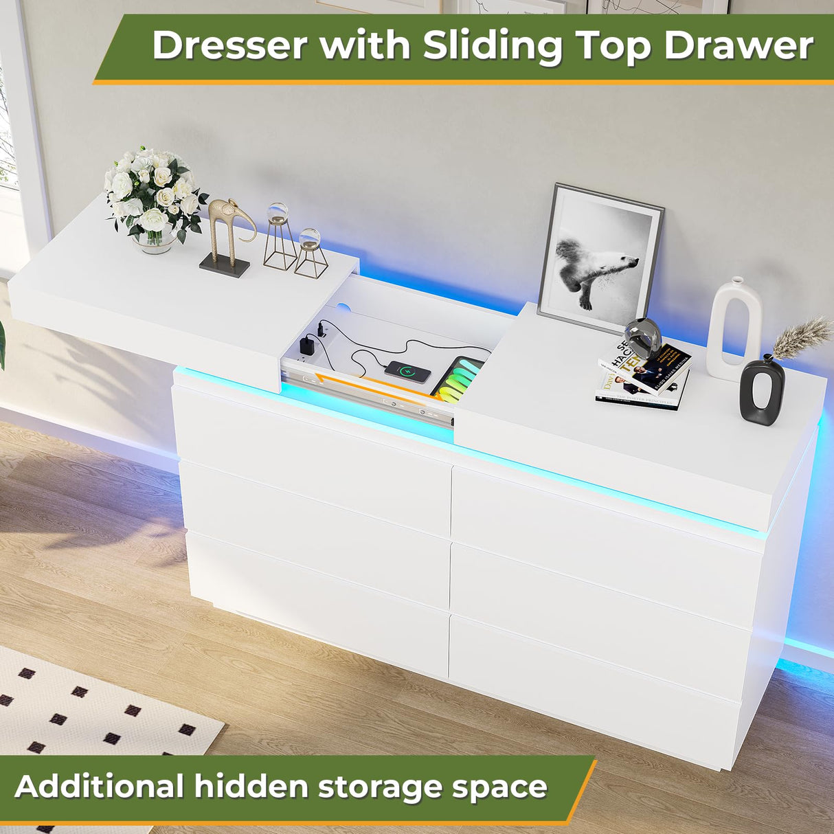 DICTAC Modern 6 Drawers White Dresser with Sliding Desktop, Wide Chest of Drawers with Charging Station & LED Lights, Large Storage Tower Clothes Organizer, White Dresser for Bedroom DICTAC