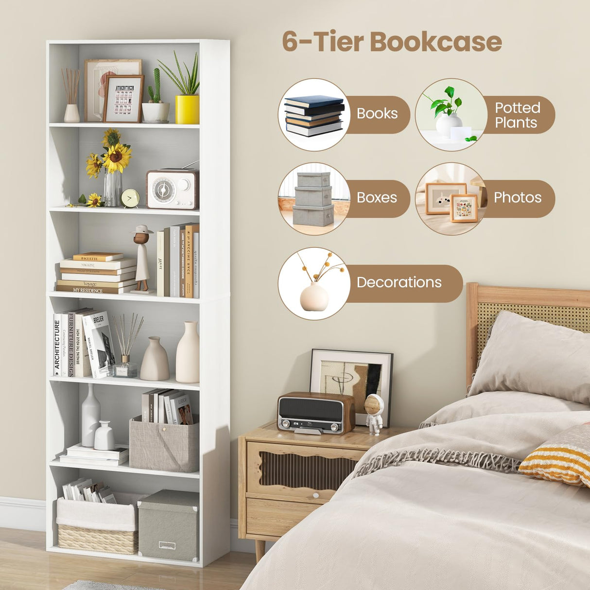 Giantex 6-Tier Bookcase, 70" Tall Wooden Bookshelf, Freestanding Storage Organizer w/Open Shelves, Anti-Tipping Kits, Modern Floor Standing Display Shelves for Living Room, Bedroom (1,White) Giantex