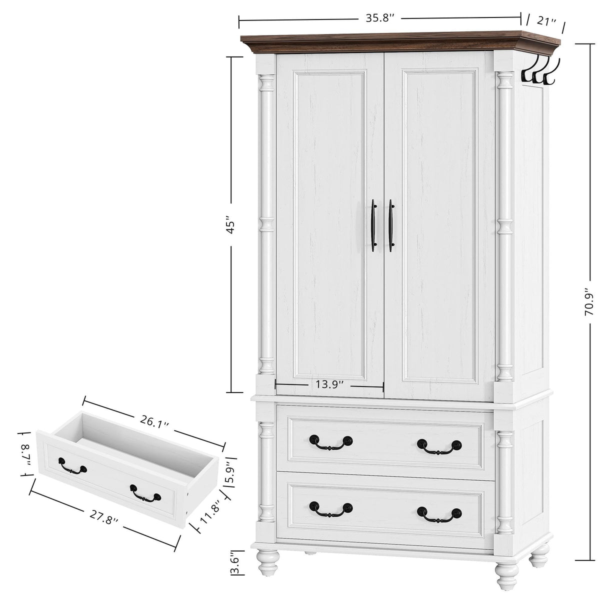LIKIMIO Farmhouse Armoire Wardrobe Closet with 2 Doors and 2 Drawers, 70" H x 36" W, Large Bedroom Armoire with Roman Column and 3 Hanging Hooks, Wooden Freestanding Closet Cabinet, White LIKIMIO
