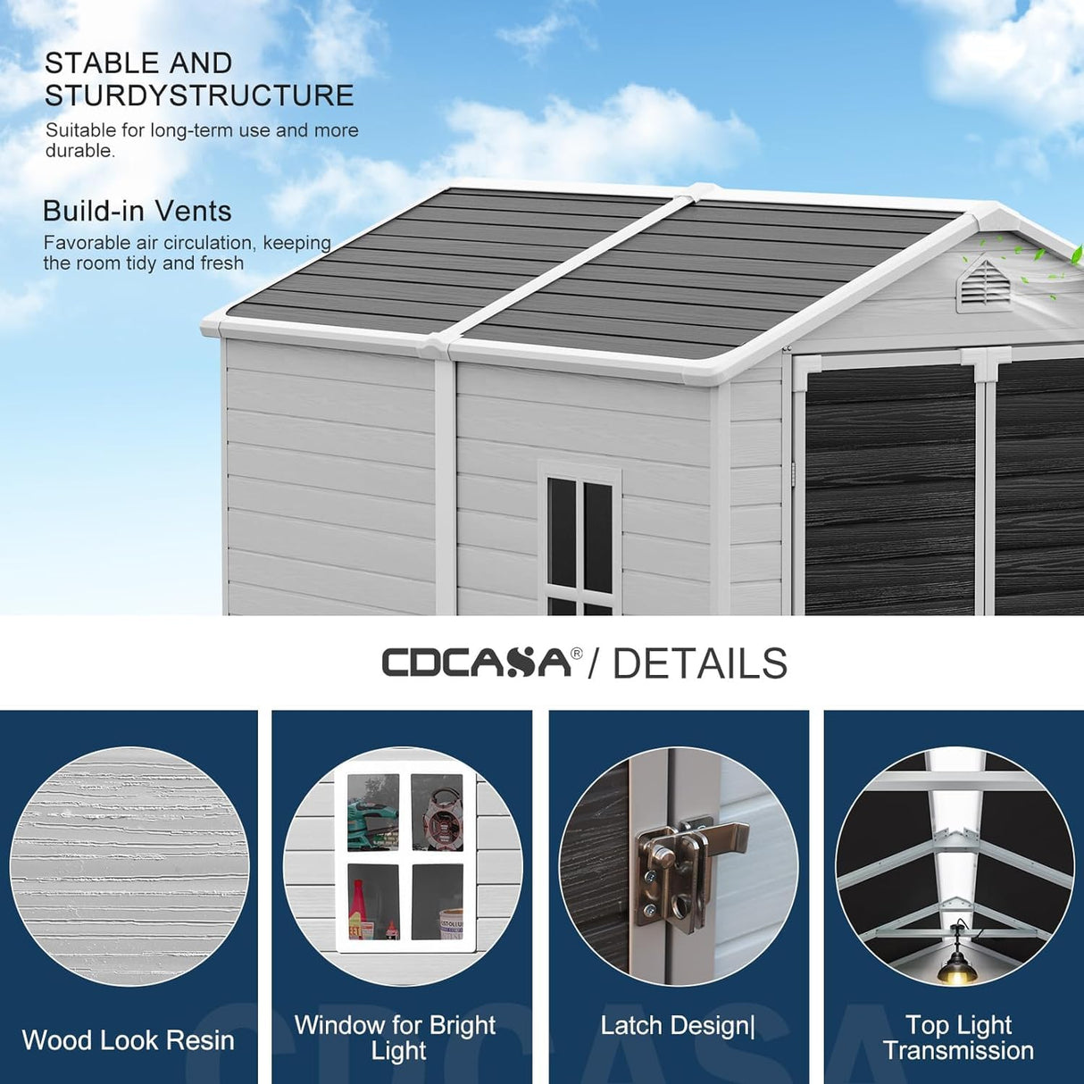 CDCASA 8x6x7 FT Resin Storage Shed, Waterproof Large Outdoor Shed with Floor & Lockable Door & Window & Vents, Plastic Tool Shed for Backyard, Patio, Poolside, Gray CDCASA