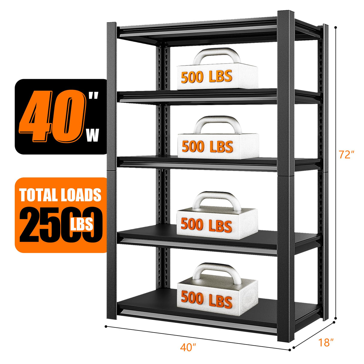 Rufokisa 40in Wide Garage Shelving Heavy Duty,2500lbs Large Loads Adjustable Garage Storage Shelves,All Metal Storage Racks and Utility Rack Shelves, 40”W x 18”D x 72”H (Black) Rufokisa