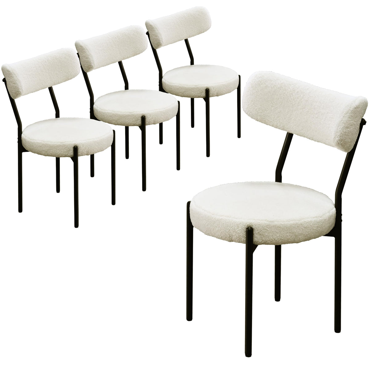 Orweiin Boucle Dining Chairs Set of 4, Upholstered Dining Chairs with Curved Backrest, Round Modern Dining Chair with Black Metal Legs for Dining Room, Vanity, White Orweiin