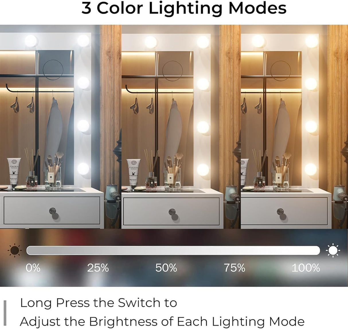 Vanity Desk with Power Outlet, 9 Drawers Makeup Vanity with Mirror and 12 LED Lights, 3 Lighting Modes, Glass Top Vanity Set, Fold-up Panel, Dressing Table for Bedroom FUSOU