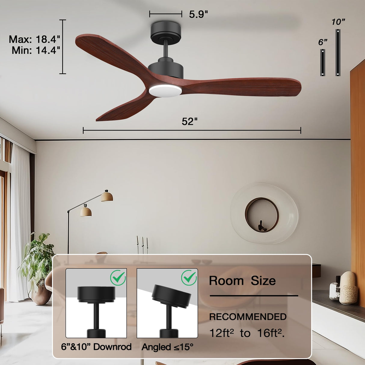 Hoenofly 52” Wood Smart Ceiling Fans with Lights Remote,Quiet DC Motor,Outdoor Indoor Ceiling Fan,Voice Control via WIFI Alexa App,Dimmable,Modern Black Lighting& Ceiling Fan for Bedroom Patio Porch Hoenofly