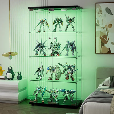 Maotifeys 64" Glass Cabinet, 4 Shelves Glass Display Cabinet with LED Lights, Glass Storage Cabinet with 2 Doors, Curio Cabinet Toy Organizers Rack, Display Shelf, Kids Bookshelf for Bedroom, Black