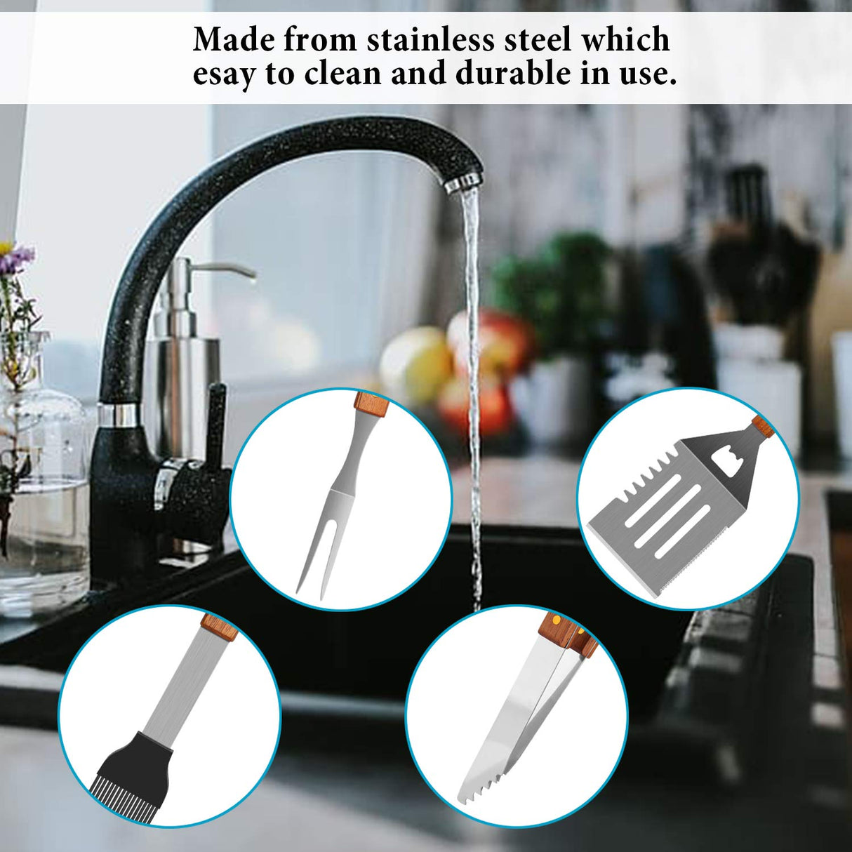 IMAGE Wooded BBQ Accessories Grilling Tools,Stainless Steel BBQ Tools Grill Tools Set for Cooking, Backyard Barbecue & Outdoor Camping Gift for Man Dad Women Barbecue Enthusiasts Set of 4 IMAGE