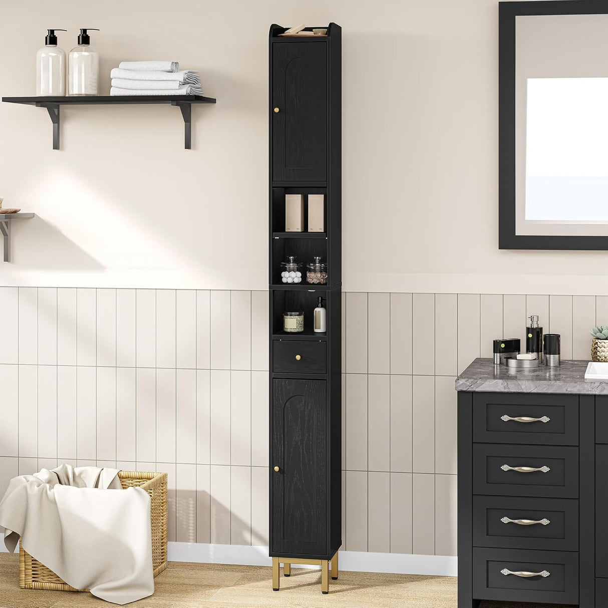 Hzuaneri Bathroom Cabinet with Adjustable Shelves, Freestanding Floor Cabinet, Tall Black Bathroom Storage Cabinet, Narrow Toilet Paper Storage, 7.9"D x 7.9"W x 70.9"H Hzuaneri