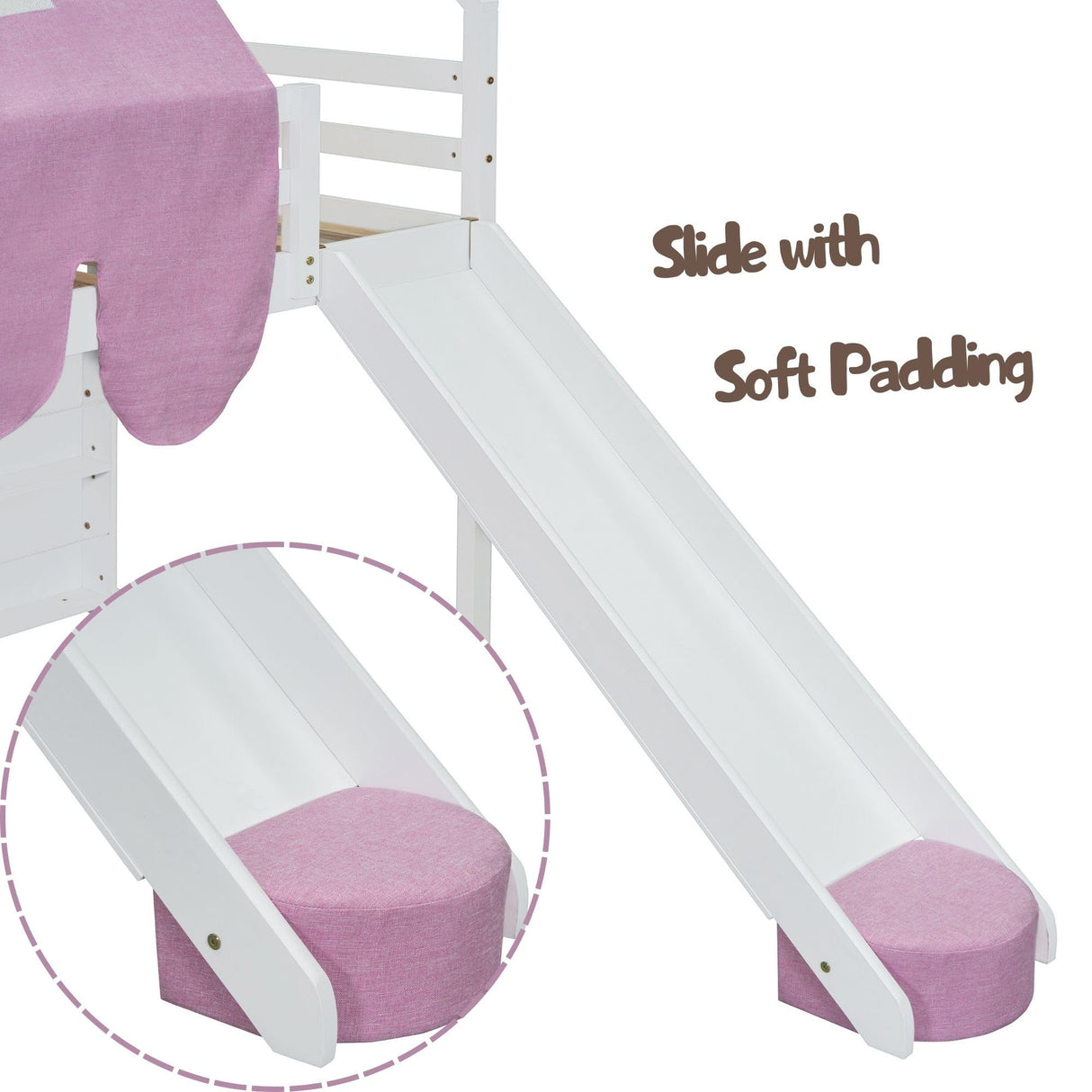 Kids Loft Bed Full Size, Full Loft Bed with Slide and Ladder, Kids House Loft Bed with Storage Shelf and Removable Tent, Full Size Loft Bed for Girls, Boys(Full White Pink) Bellemave