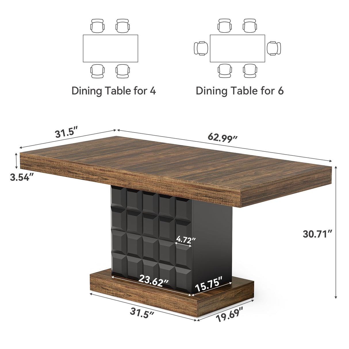 LITTLE TREE 63" Modern Dining Table, Rectangular Dinner Table for 4-6, Farmhouse Kitchen Table, Sturdy Wood Pedestal Base for Kitchen/Dining Room, Rustic Brown & Black LITTLE TREE