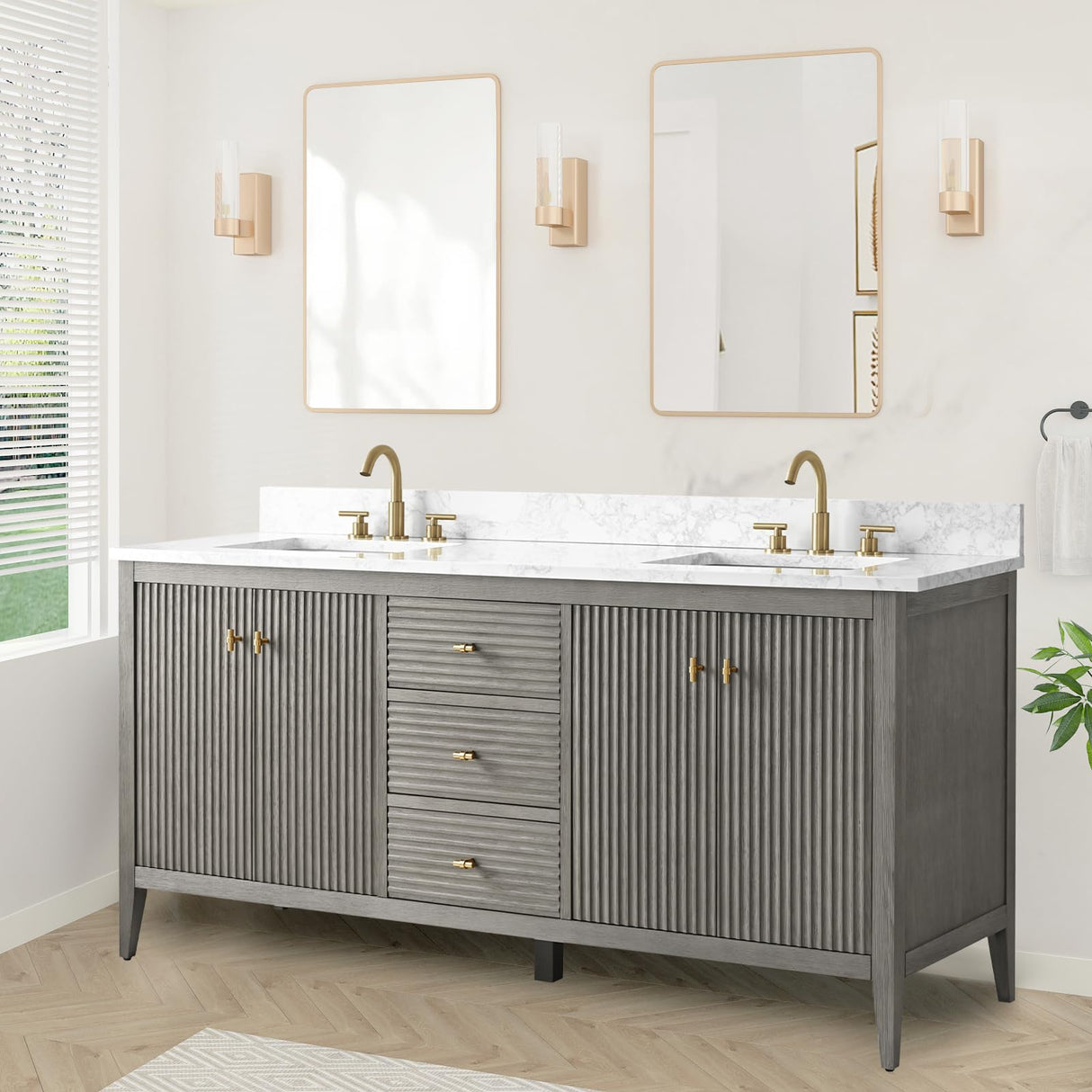 HOMEBEYOND 72" Bathroom Vanity with Double Sink, Solid Wood Bathroom Vanity Free-Standing Cabinet, Ceramic Top & Soft Closing Door, Golden Brushed Handware, Driftwood Gray HOMEBEYOND