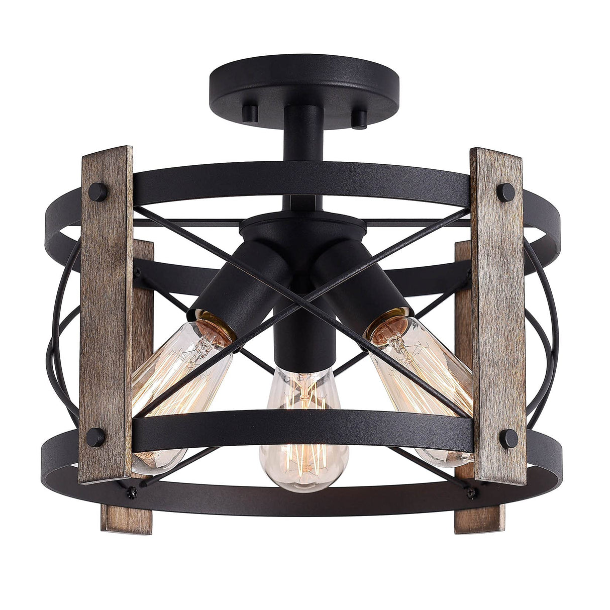 Bargeni Flush Mount Light Fixture,13-inch Rustic Ceiling Light Fixture,Matte Black Finish,3-Light Farmhouse Light Fixtures for Living Room,Kitchen,Bedroom,Dining Room,Foyer,Hallway Bargeni