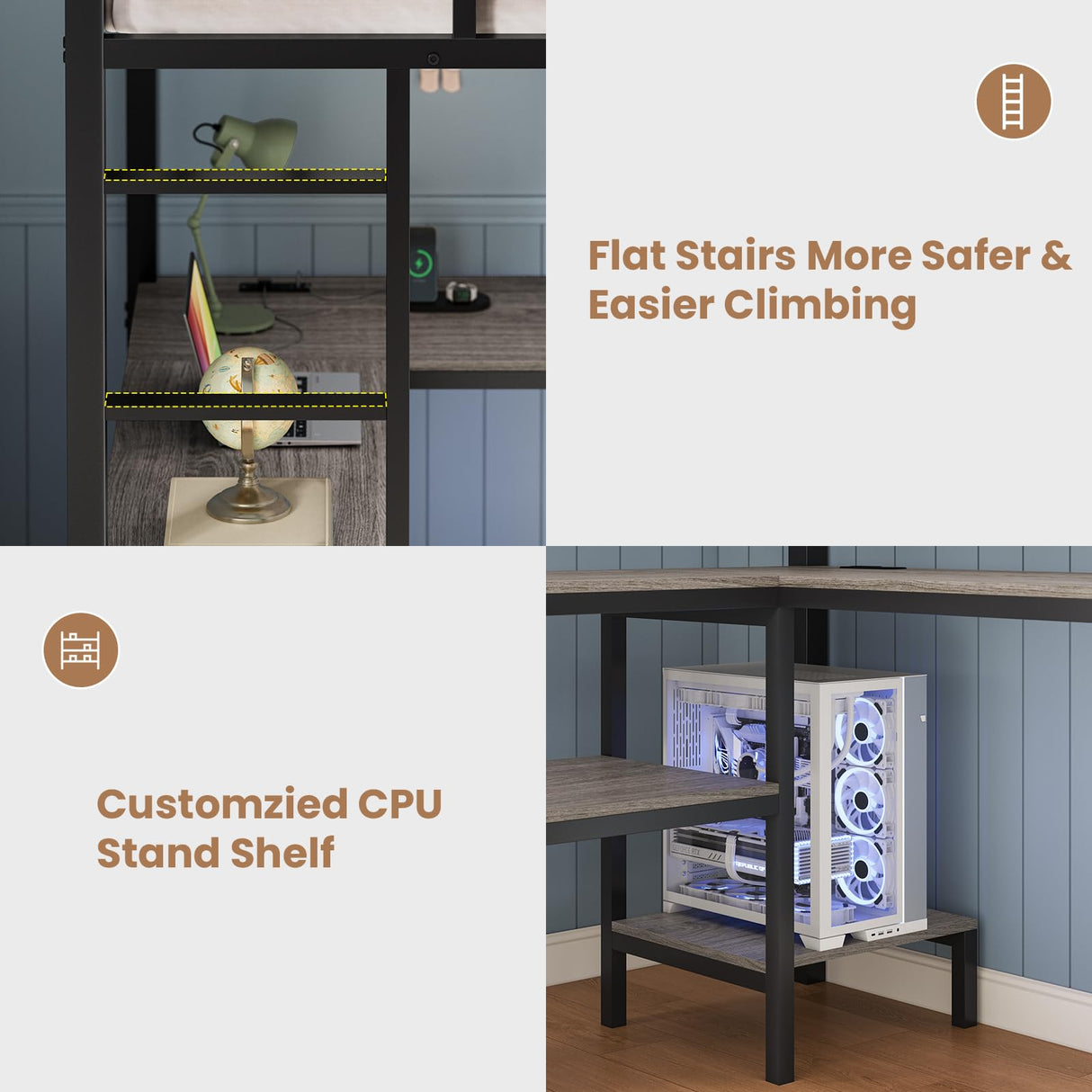 BTHFST Full Size Loft Bed with L-Shaped Desk and 3 Storage Drawers, LED Lights & Charging Station, Open Storage Shlef, Metal Loft Bed Frame with Solid Slats and Guardrail, Space Saving, Grey BTHFST