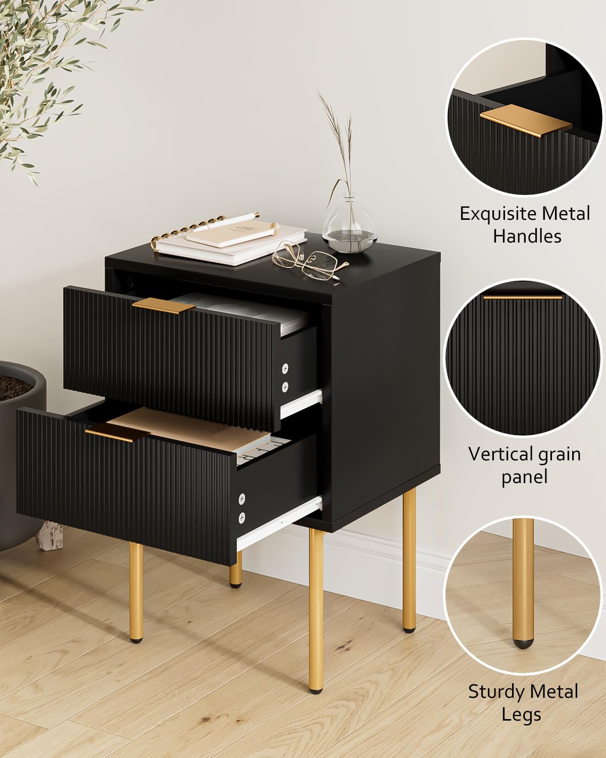 Masupu Nightstand,Mid-Century Modern Bedside Table with 2 Storage Drawer,Small Gold Frame Side End Table for Bedroom,Living Room, Black Masupu