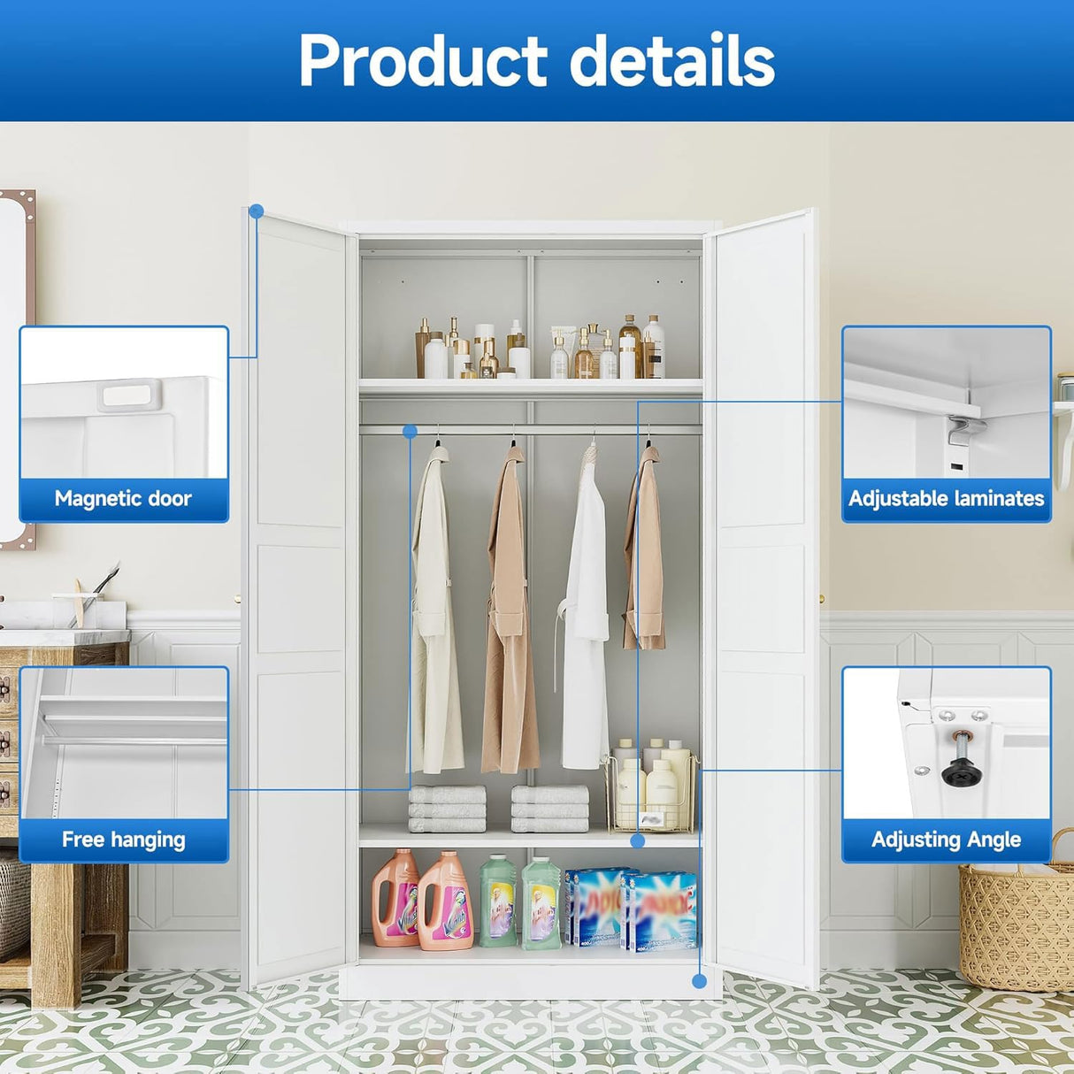 Metal Wardrobe Closet with Doors, 72" Tall Almirah for Clothes with Hanging Rod and Adjustable Shelve, Armoire for Home, School, Employee, Gym (White, Without Drawers) heycode