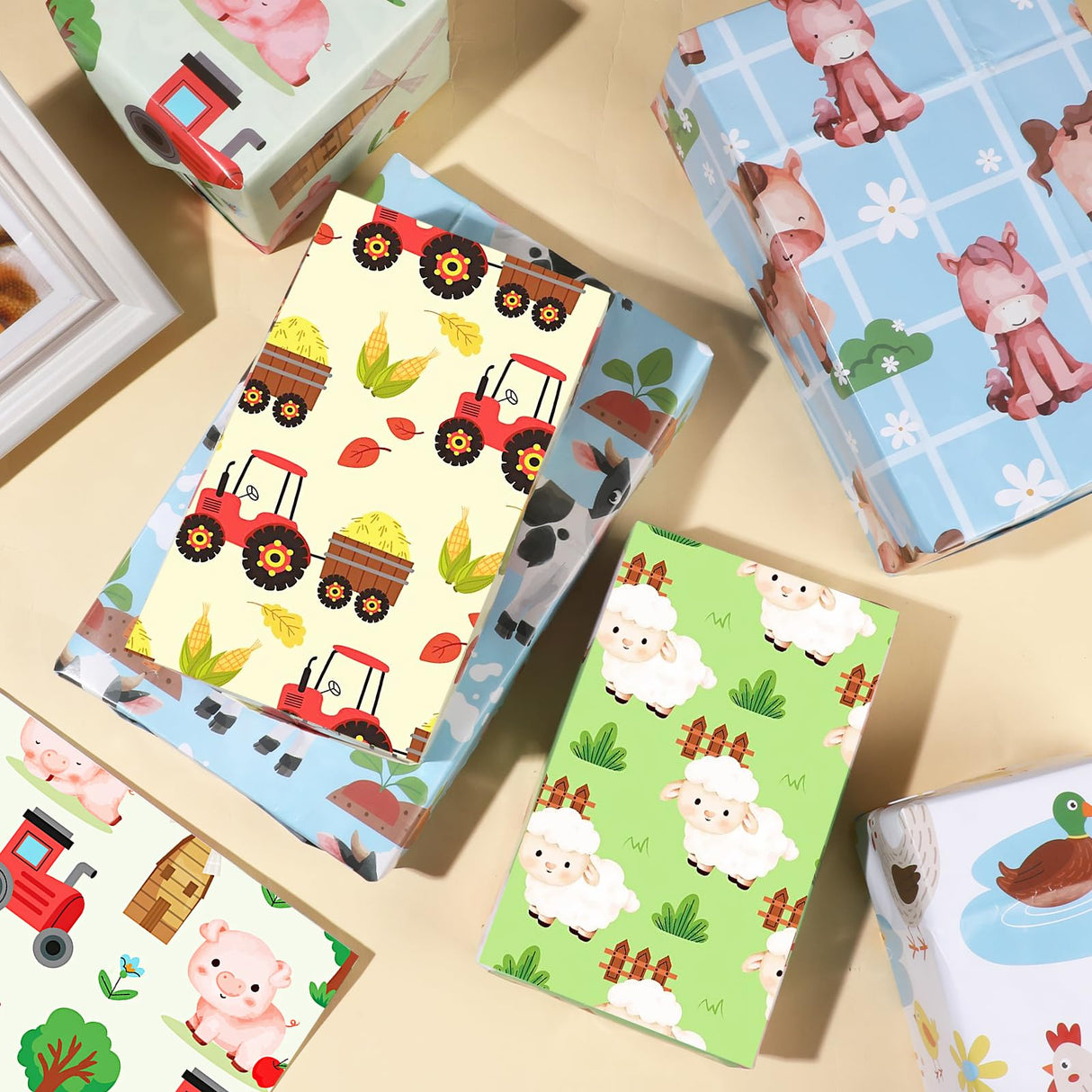 12 Sheets Farm Animal Wrapping Paper - Farmhouse Themed Gift Wrap with Pigs, Cows, Sheep, Chickens, Folded Flat Packaging Paper for Birthdays, Showers, Holidays, DIY Craft, 19.7 x 27.6 Inches Pineraap
