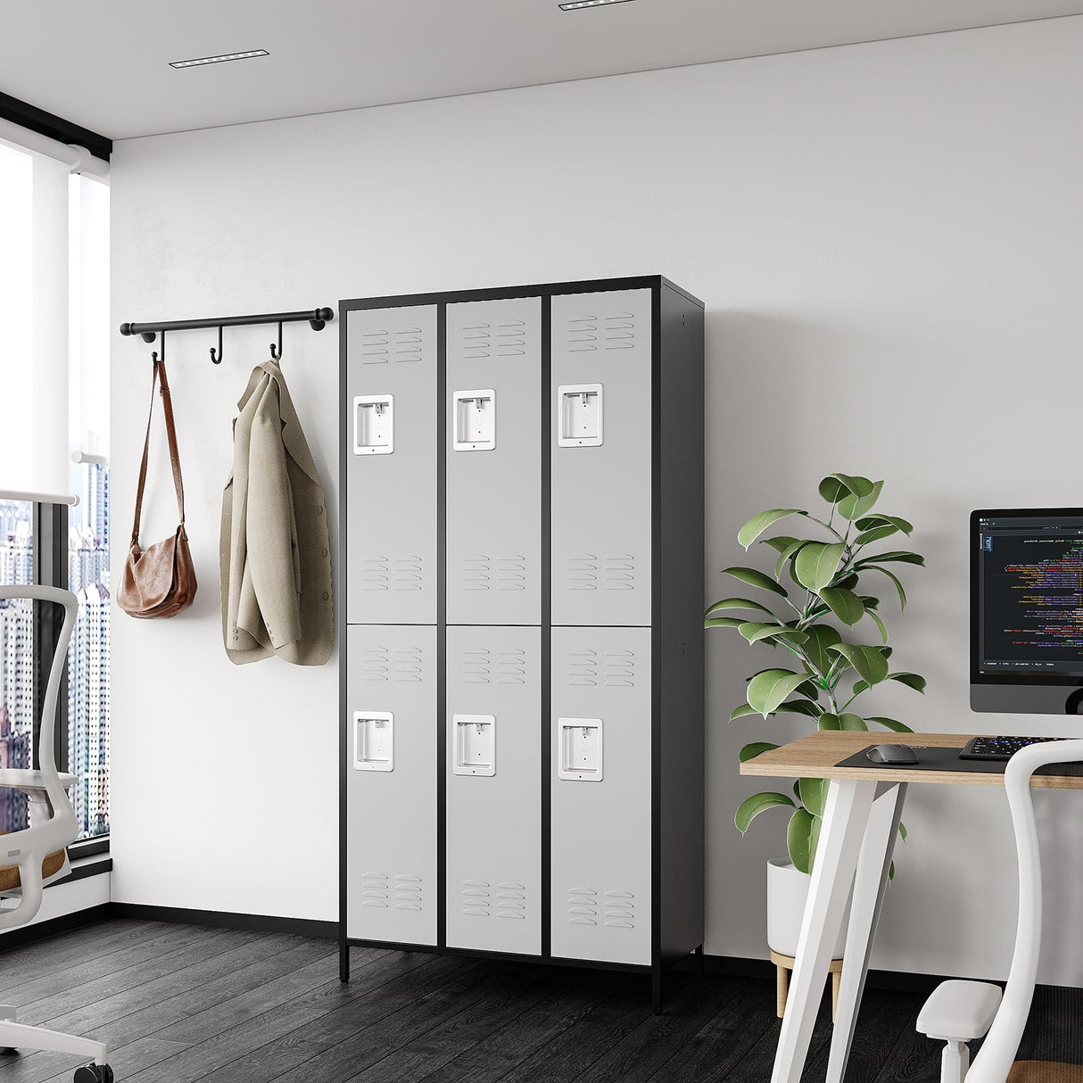 MIIIKO 2 Tier Metal Lockers 3-Wide, 72" x 36" x 16" Storage Locker Units with 6 Compartments, Large Employee Locker with Shelves, Lockable Doors and MIIIKO