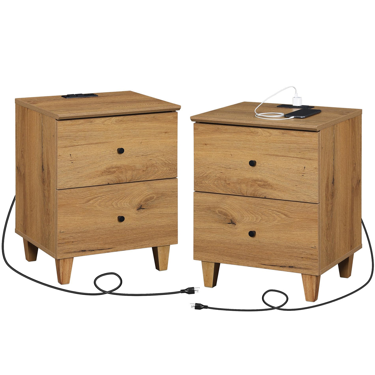 Set of 2 Nightstands with Charging Station &2 Drawers Storage Shelf, Modern End Tables Farmhouse Wood Bedside Table for Living Room and Bedroom,Oak Brown WAMPAT