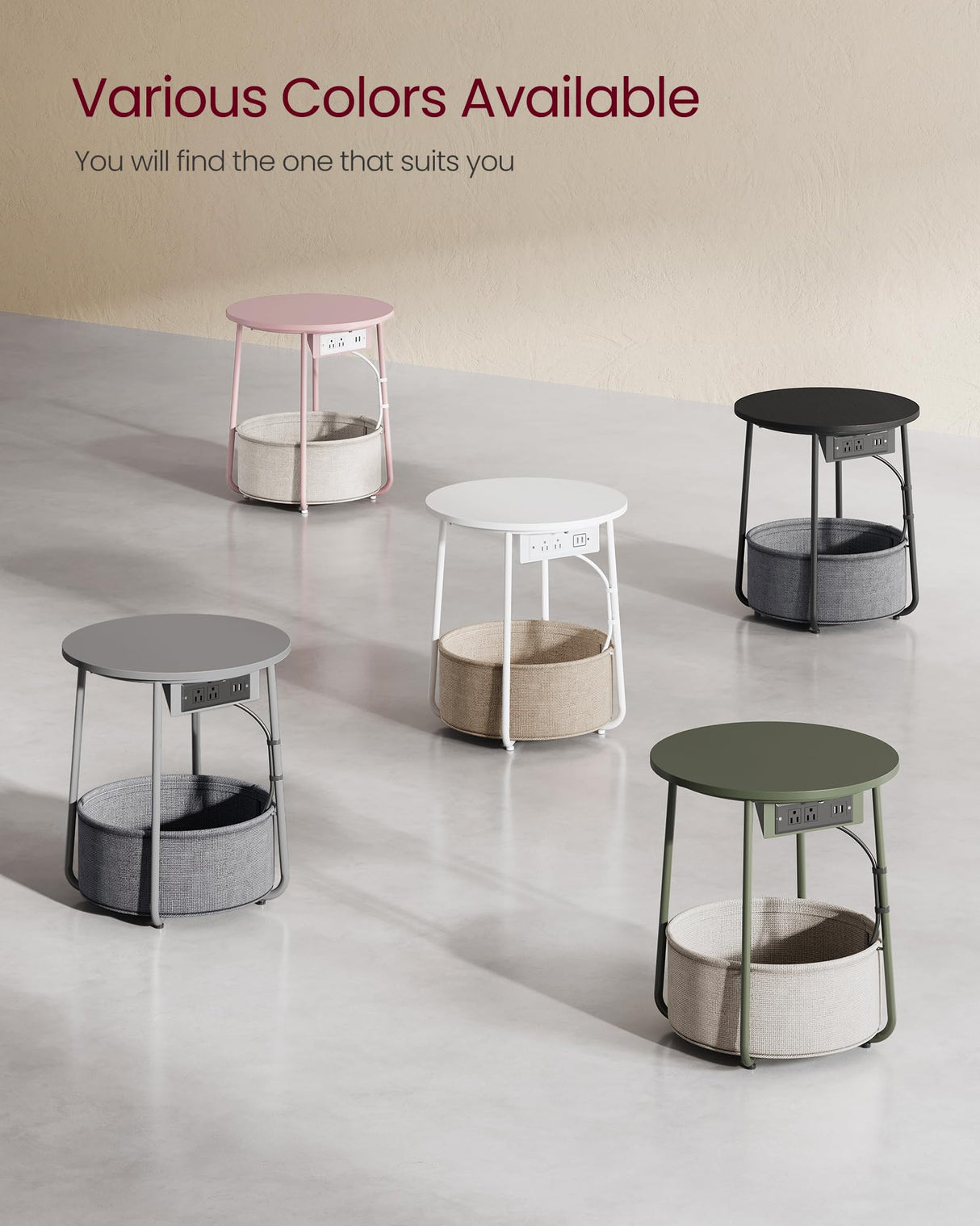 VASAGLE Side Table with Charging Station, Round End Table With Fabric Basket, Nightstand with Power Outlets USB Ports, for Living Room, Bedroom, Modern, Matte White and Camel Brown ULET228W01 VASAGLE