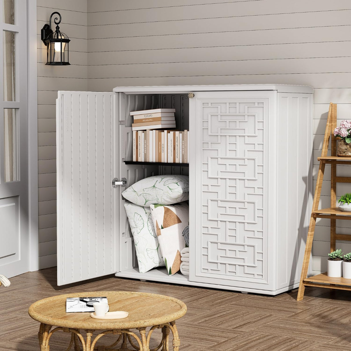 ZZM HDPE Outdoor Storage Shed, Outdoor Plastic Storage Cabinet, Horizontal Resin Tool Shed for Garden, All Weather Outdoor Storage Clearance, DIY Usage,Lockable and with one Shelf (White) ZZM