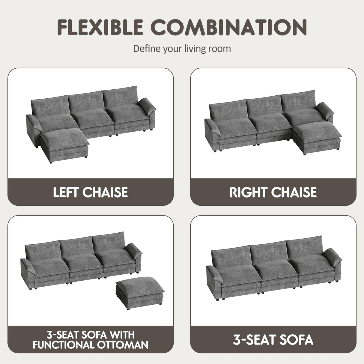 Homall 119" Modular Sectional Sofa, L Shaped Sofa Couch with Reversible Ottoman, DIY Combination Chenille Deep 3-Seat Cloud Couch for Living Room, Apartment (L Shaped Sofa, Grey) Homall
