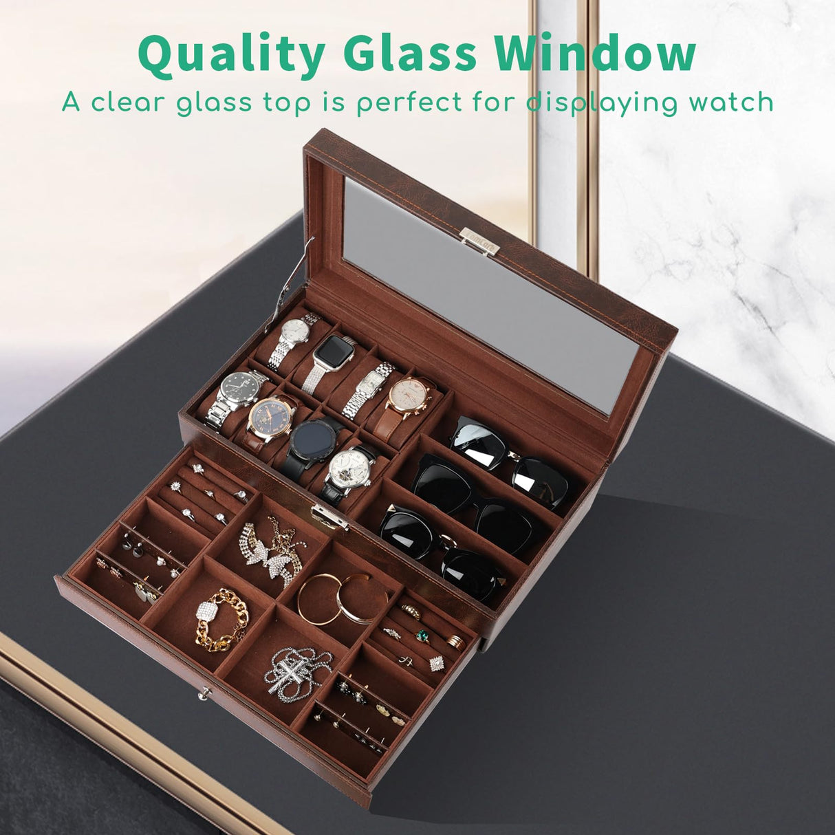 TomCare Watch Box 2-Tier Watch Case Jewelry Organizer Box with Thick Glass Lid Lockable Watch Organizer Jewelry Display Holder Sunglass Rings Necklaces Bracelets Storage Organizer for Men Women,Brown TomCare