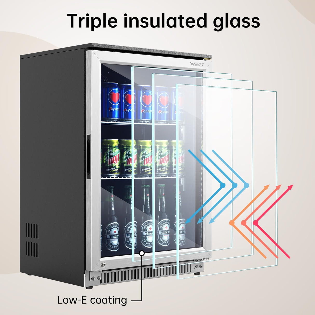 Weili 20 Inch Built in Beverage Refrigerator with Lock, Under Counter or Freestanding 120 Can Soda Beer Drink Cooler Fridge with Stainless Steel and Glass Door Weili