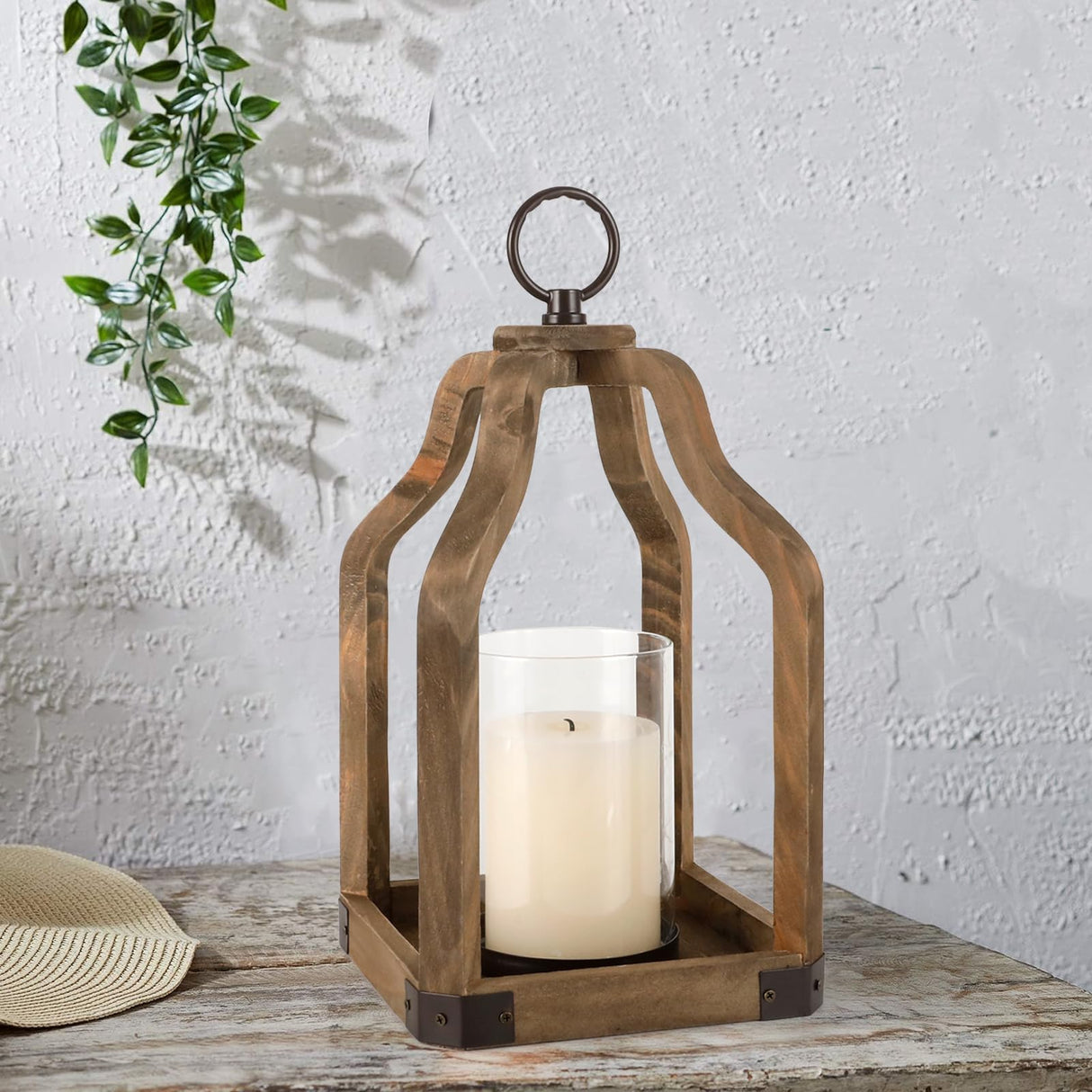 Rustic Wood Lantern Candle Holder for Farmhouse Decor - Indoor and Outdoor Table Centerpiece with Glass Hurricane, 13" High SUJUN