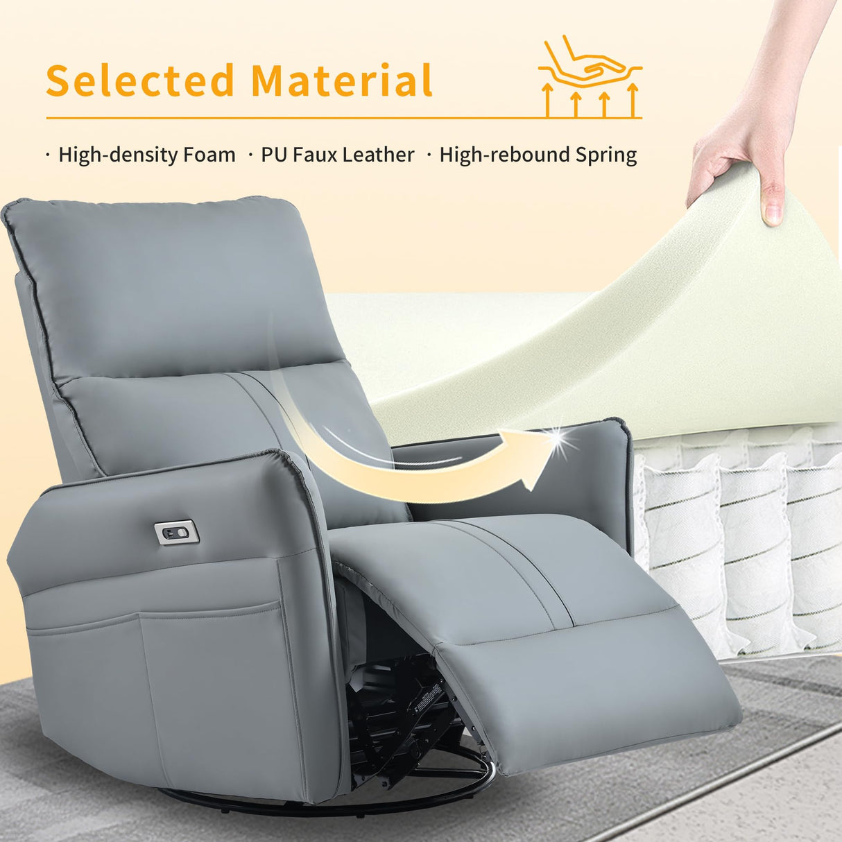 KEIKI 270 Degree Power Swivel PU Leather Power Recliner Chair, Nursery Recliners, Home Theater Recliner Chair, Rocking Chair Electric Glider Reclining Sofa with USB Ports, Blue Gray KEIKI