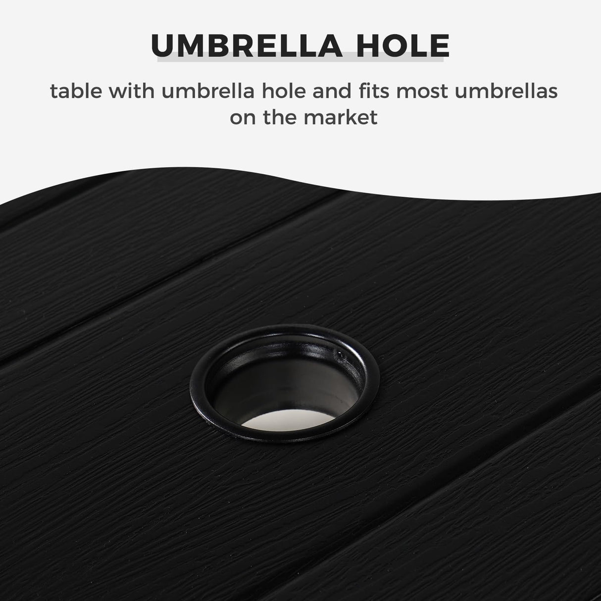 Grand patio Outdoor Dining Set for 6, 7 PCS Patio Table and Chairs Set, Metal Woven Wicker Fixed Patio Chairs with Thickened Cushions & 1 Rectangular Woodgrain Dining Table with Umbrella Hole (Black) Grand patio