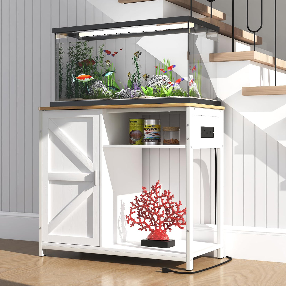 TRYKERPET 40 Gallon Fish Tank Stand, Aquarium Stand with Power Outlets, Cabinet for Fish Tank Accessories Storage, Heavy Duty Breeder Tank Suitable for Turtle Tank, Reptile Terrarium, 440LBS Capacity TRYKERPET