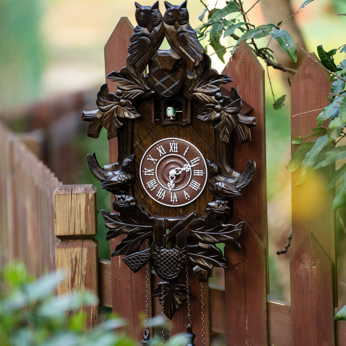 Ninefish Deep Chestnut 21x13 Dual Owl Roof Decorative Cuckoo Clock: Uniquely Beautiful, Illuminate Your Home! Night Mode, Quartz Movement, and Automatic Light Sensor Perfectly Integrated! Ninefish