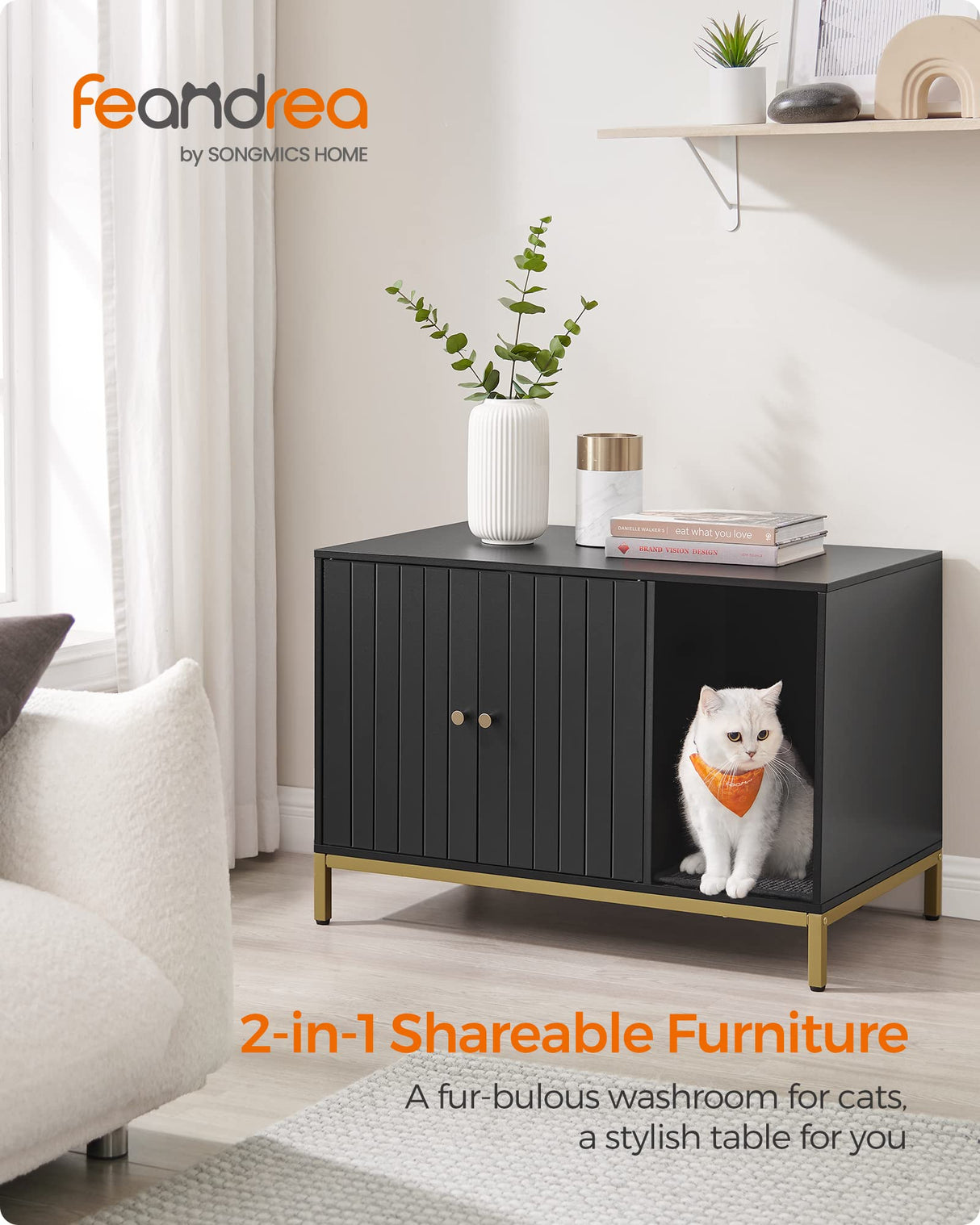 Feandrea Litter Box Enclosure, Modern Cat Litter Box Furniture Hidden, with Scratching Mat, Tall Legs, Cat House, Side End Table, 31.5 x 19.7 x 21.7 Inches, Black and Gold UPCL007B01 Feandrea