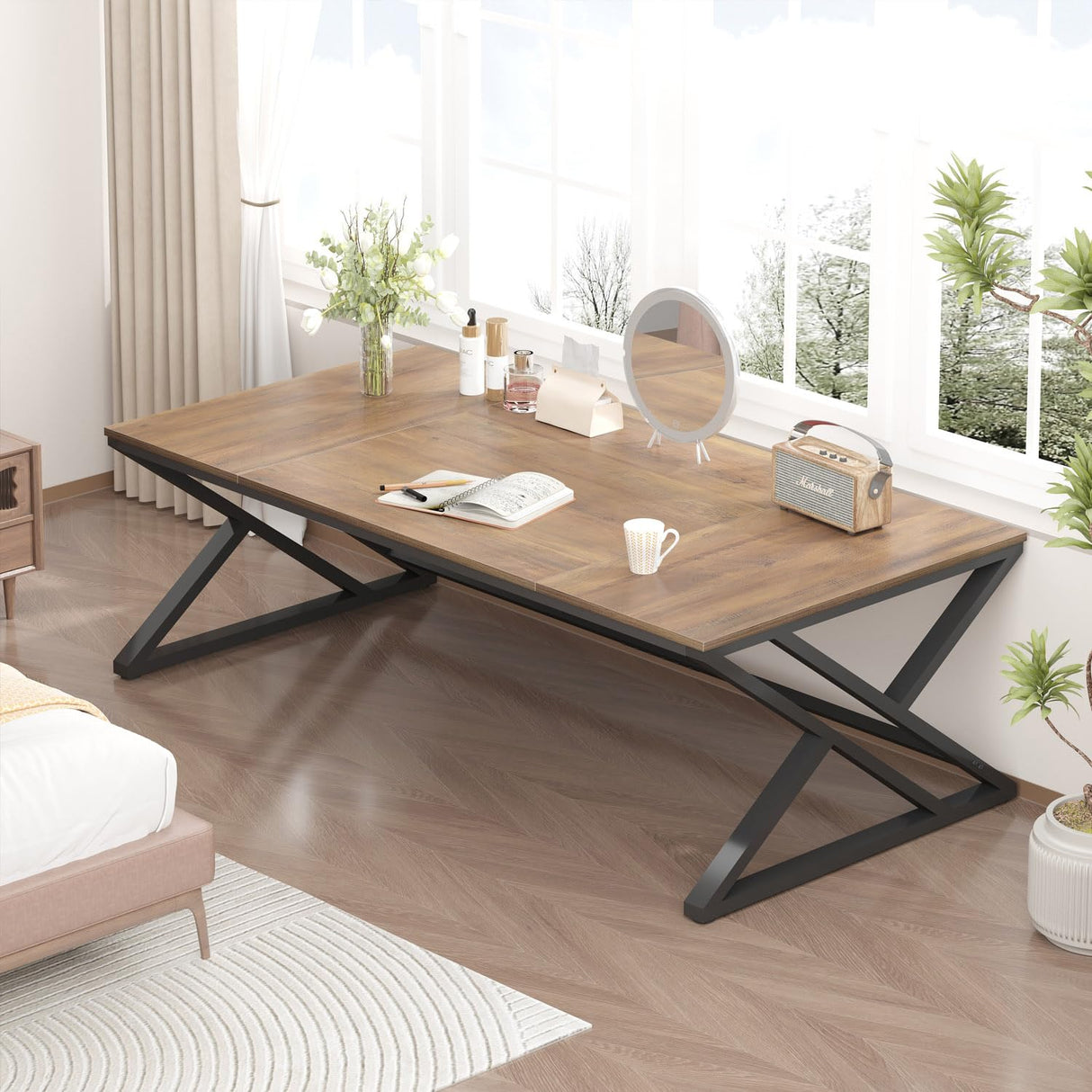 HSH Rustic Long Computer Desk, Industrial Large Wood Metal Office Desk, Wood Pc Writing Work Study Computer Table Desk, Farmhouse Workstation Gaming Executive Desk for 2 Person, Rustic Oak, 70 Inch HSH