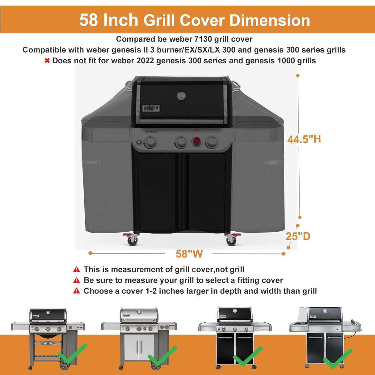 Ultima Durable Grill Cover for Weber Genesis 300 & Genesis II 300 Series Grills,Heavy Duty Waterproof Rip-Proof 58" BBQ Cover,Fade Resistant 7130 Gas Grill Cover with Straps for Weber 3 Burner Grill PasWith
