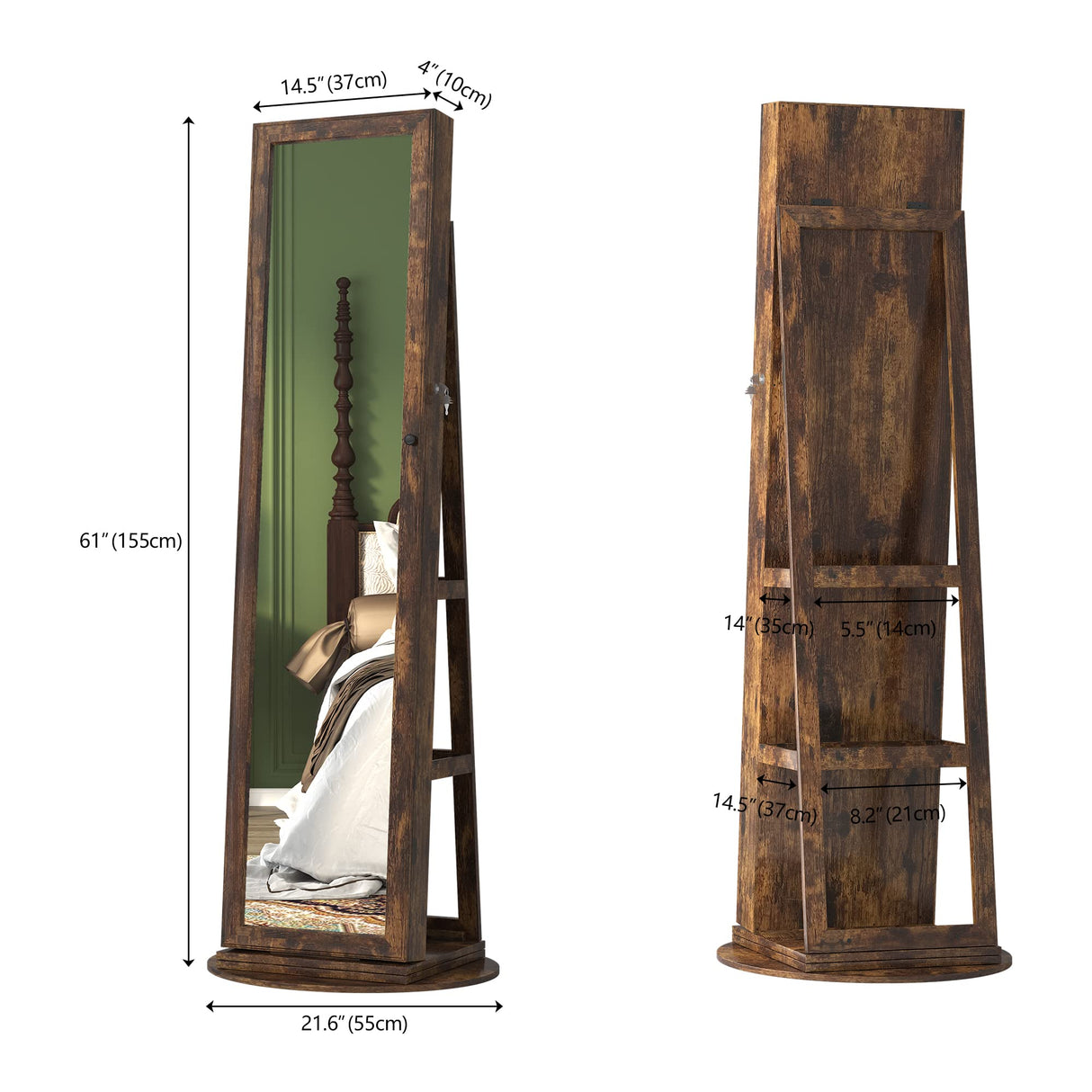 LVSOMT LED Full-Length Mirror Jewelry Armoire for Women, Free Standing Mirror with Jewelry Storage, 360° Swivel Jewelry Cabinet for Bedroom, Dressing room (Retro Brown) LVSOMT