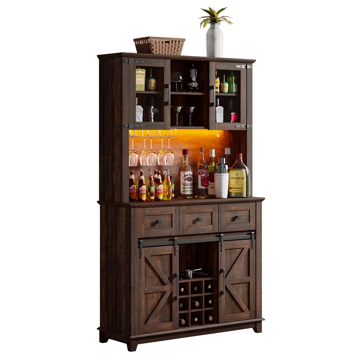 LUXOAK 72" Coffee Bar Wine Cabinet with Sliding Barn Door & LED Lights, Sideboard Buffet Cabinet with Wine Bottle Rack, 3 Drawers, Storage Cabinet for Kitchen, Dining Room, Brown LUXOAK