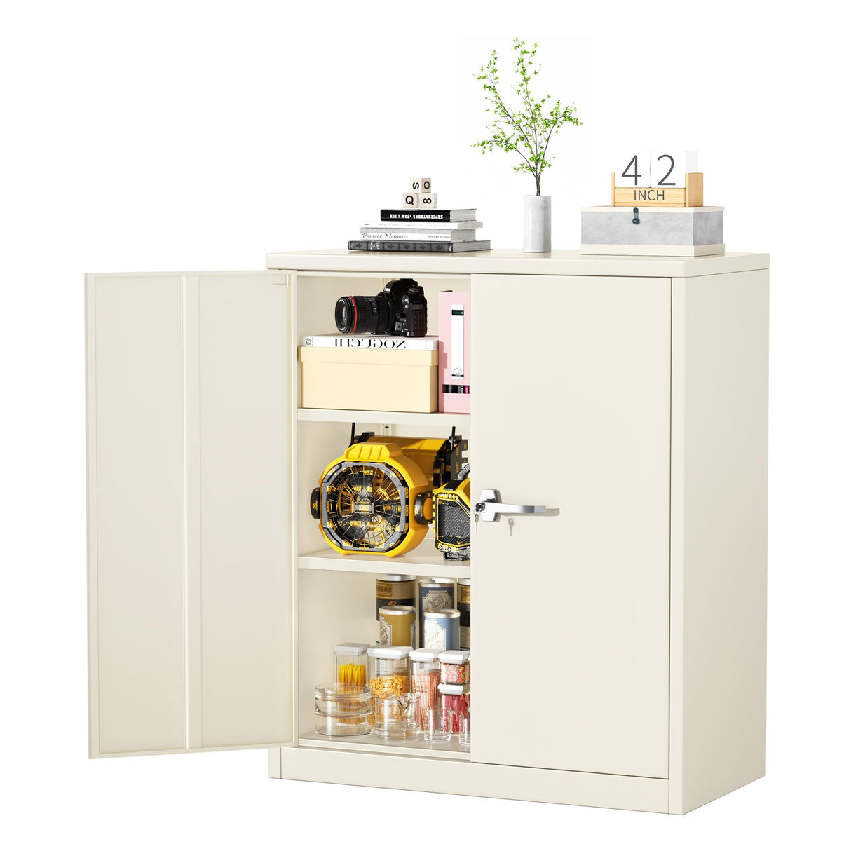 Greenvelly Metal Storage Cabinet, 42” Locking Storage Cabinet with Doors and Shelves, Lockable Storage Cabinets for Home Office, Utility Locker Cabinet, Steel Garage Cabinet with 2 Keys, Grey Greenvelly