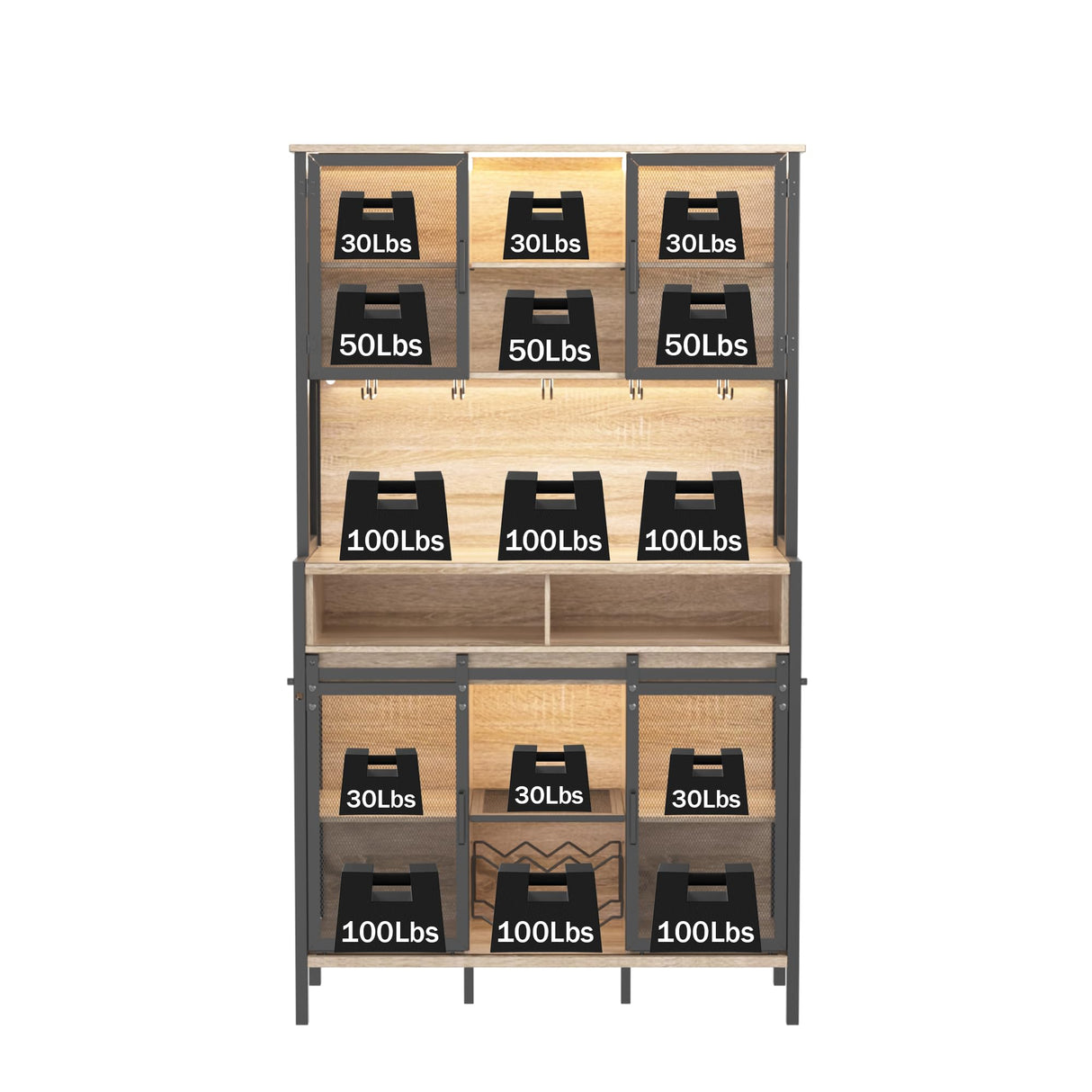 QNICE 72" Coffee & Wine Bar Cabinet with Sliding Barn Door, Farmhouse Buffet Cabinet with Wine Rack & Glass Holder, Led Storage Cabinet for Kitchen Living Dining Room (Rustic Oak) QNICE