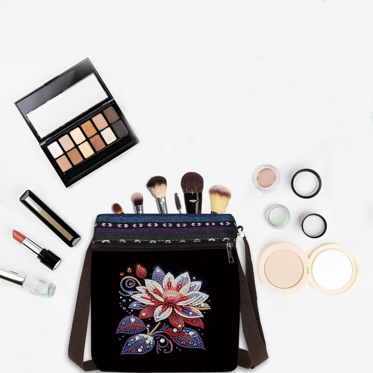 BAYUNOE DIY Diamond Crossbody Bag Diamond Art Painting Grocery Bag Black Canvas Shoulder Beach Tote Bags Single Side Diamond Shopping Bags for Women Art Craft Gift-Flower04 BAYUNOE