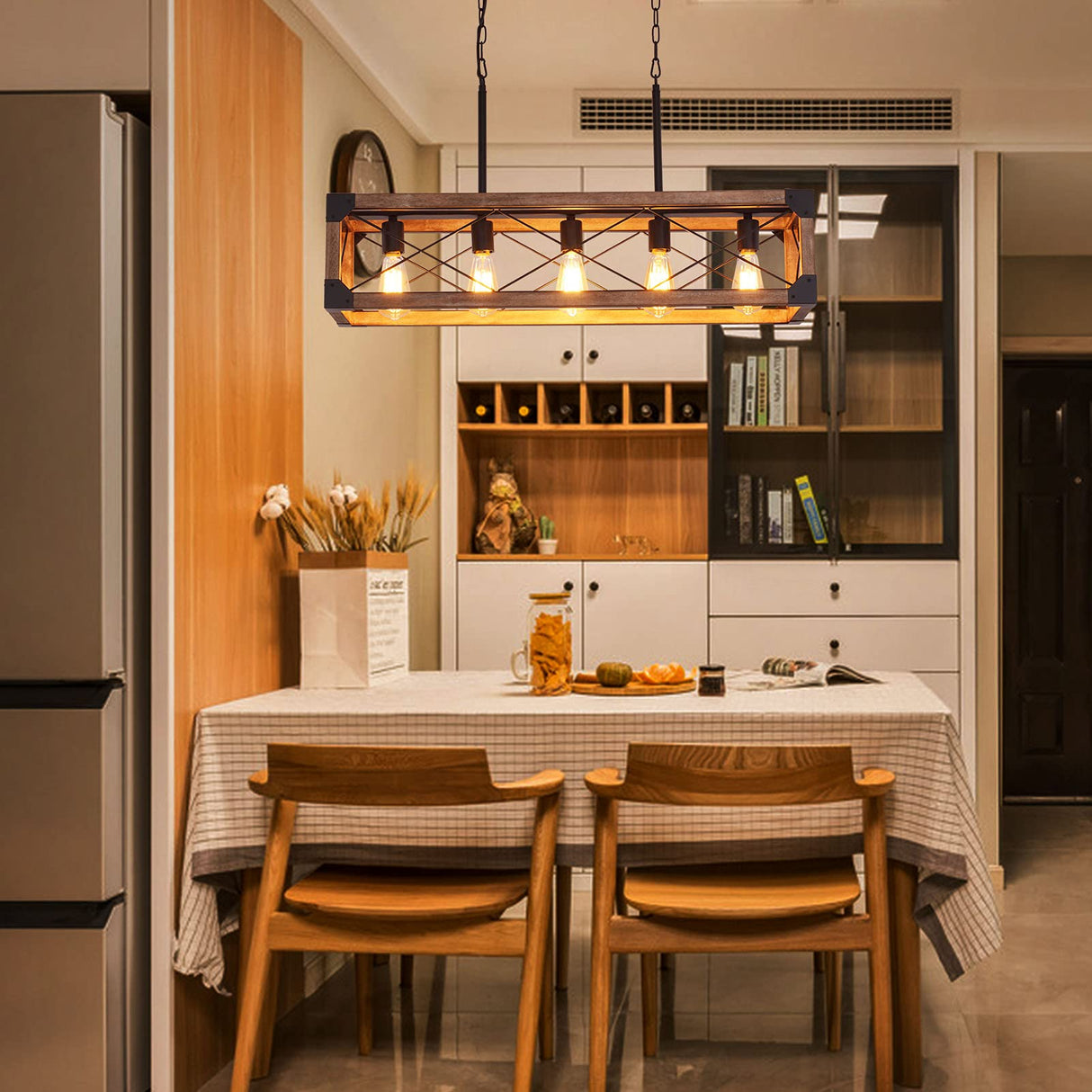 Airposta Kitchen Island Lighting, 33.5-Inch 5 Lights Farmhouse Linear Chandelier for Dining Room Pool Table Pendant Light Fixture, Rustic Wood Grain Finish, Industrial Pendant Light Airposta