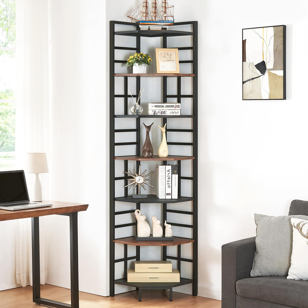 HOMISSUE Corner Shelf, 6 Tier Tall Corner Bookshelf 82.6", Industrial Corner Shelves Stand, Display Shelving Unit with Storage for Home Office Living Room and Bedroom, Brown HOMISSUE