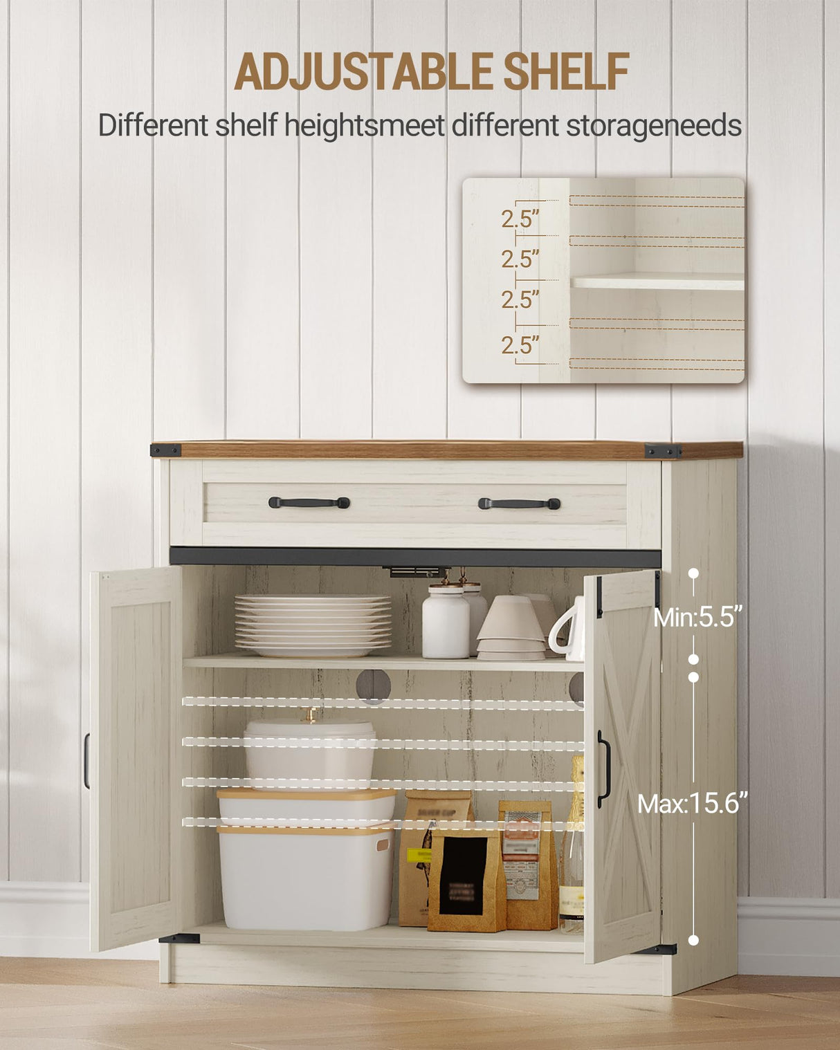 Hzuaneri Kitchen Storage Cabinet, Buffet Cabinet with Storage, Modern Farmhouse Sideboard Cabinets with Drawer, 31.5" Coffee Bar Cabinets with Doors & Adjustable Shelves, for Kitchen, White Brown Hzuaneri