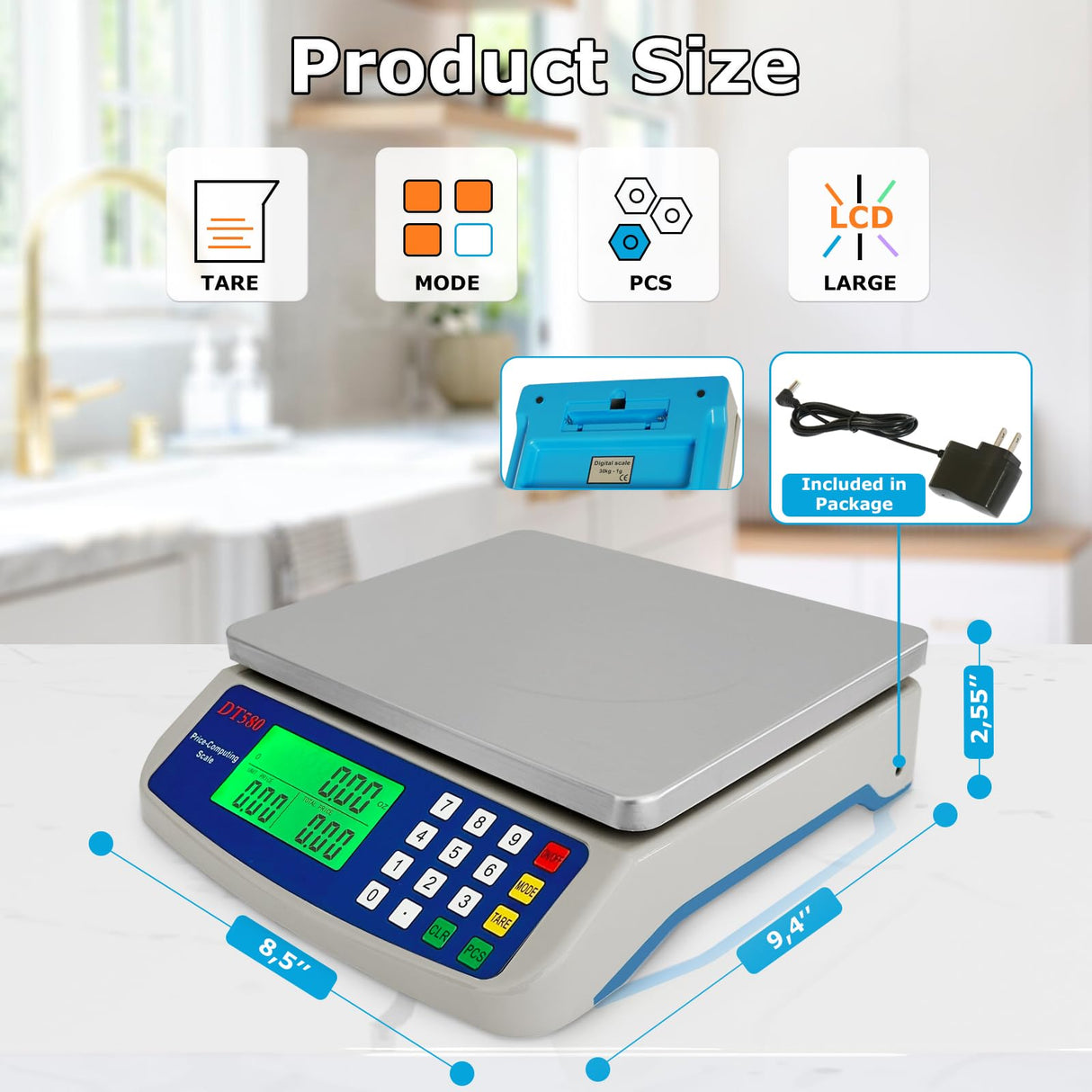 Large Digital Kitchen Scale 40kg/88lb Stainless Steel Price Computing Scale Counting Scale Deli Scale with LCD Display for Baking Bread Cooking Meat Prep Parts and Coins Adapter Included MOCCO