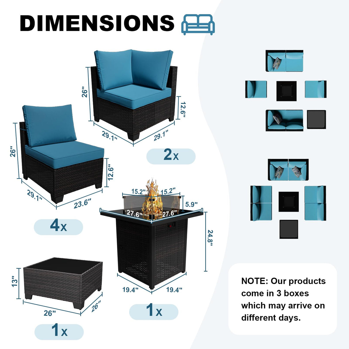 Peacabo 8 Piece Outdoor Patio Furniture Set with Fire Pit Table, Wicker Sectional Sofa Set with Thick Cushions, Perfect for Garden Lawn Pool or Backyard, (Brown/Peacock Blue) Peacabo